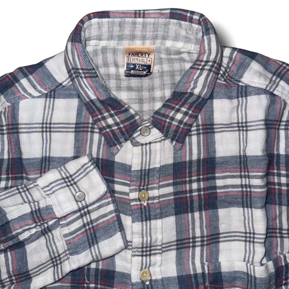 Faherty Reversible Plaid Flannel Shirt Mens XL Organic Cotton Double Cloth Grey